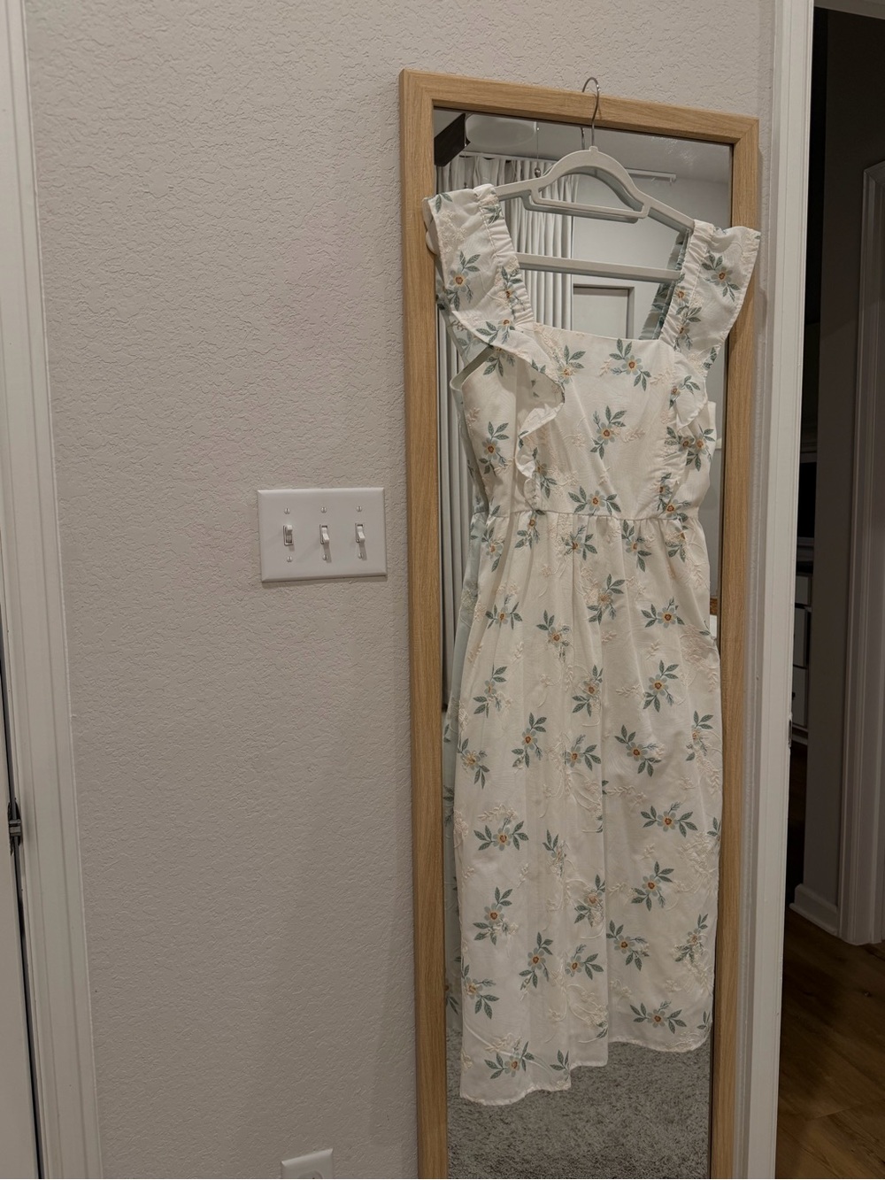 Floral Ruffle Strap Midi Dress in Cream